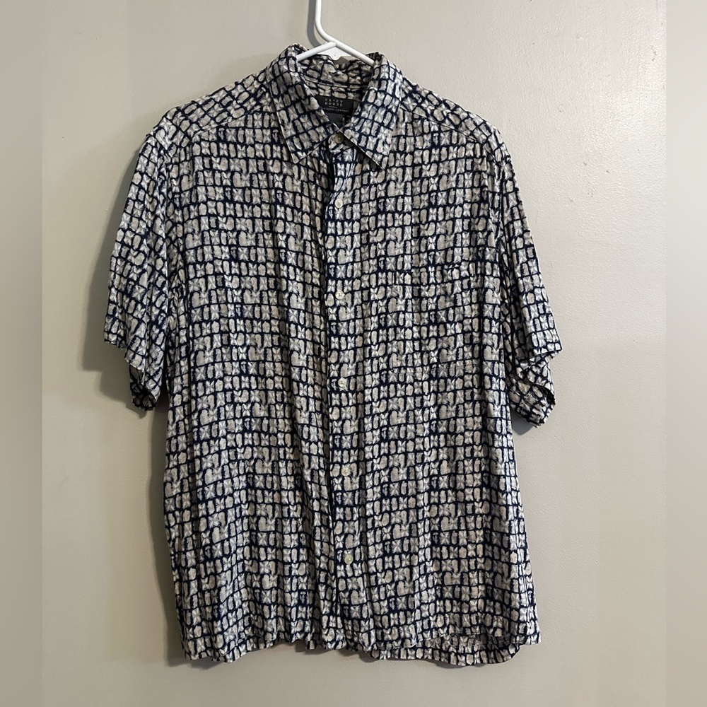 Crazy Horse Men's Button up Shirt Blue white Geometric print Rayon Size L GUC